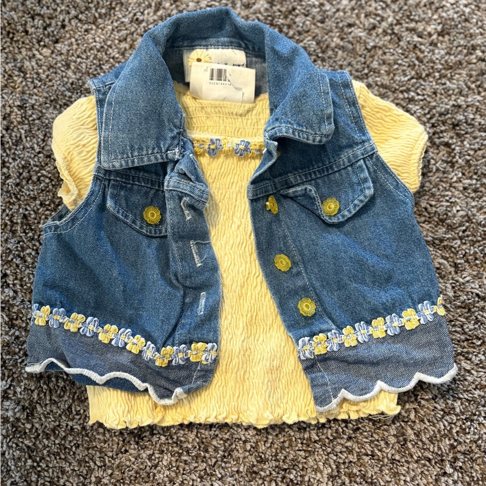 Vintage SWAT Kids Denim Vest and Top Set with Yellow Floral Accents